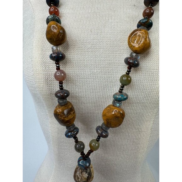 Handcrafted Beaded Necklace With Tigers Iron Pendant & Healing Stones 13" Long - Picture 3 of 16